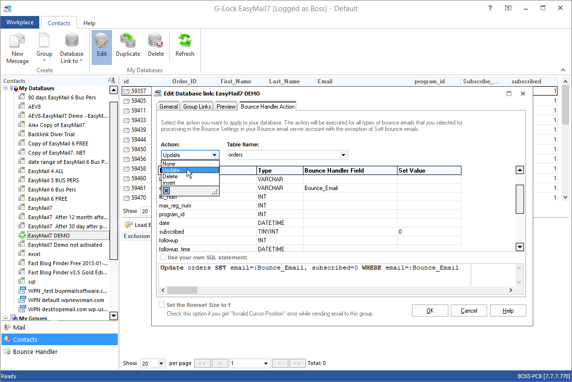 Insert, Update or Delete Hard Bounce Emails from the Database